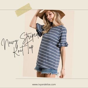 Navy Striped Top with Ruffle